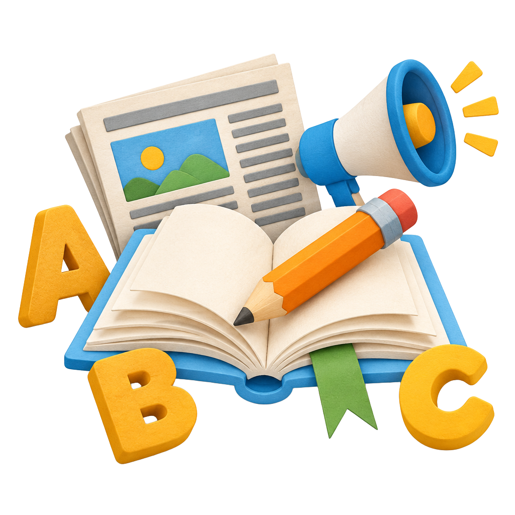 Livro, lápis e letras ilustrando os conteúdos de alfabetização do Blog